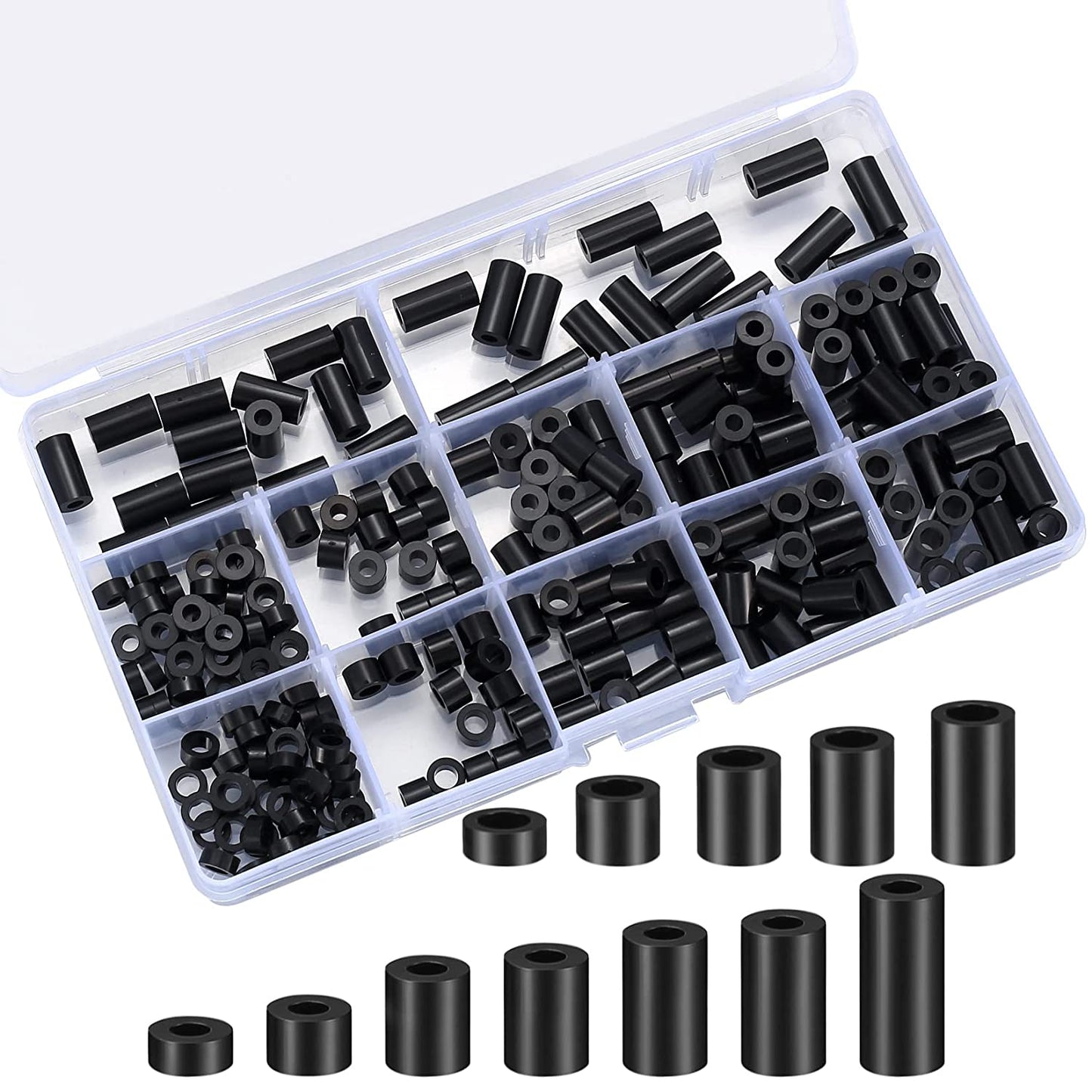 Set 320 de bucati distantiere de izolatie din Nylon, 14 dimensiuni, saibe pentru garnituri, cu cutie de depozitare, negre