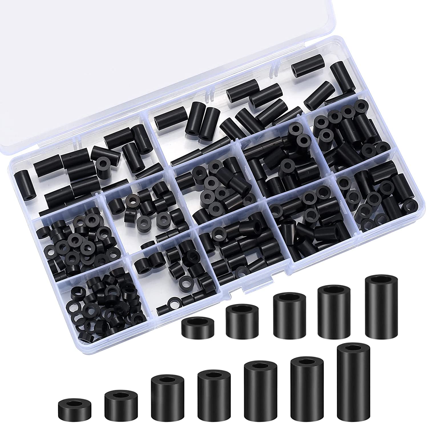 Set 320 de bucati distantiere de izolatie din Nylon, 14 dimensiuni, saibe pentru garnituri, cu cutie de depozitare, negre
