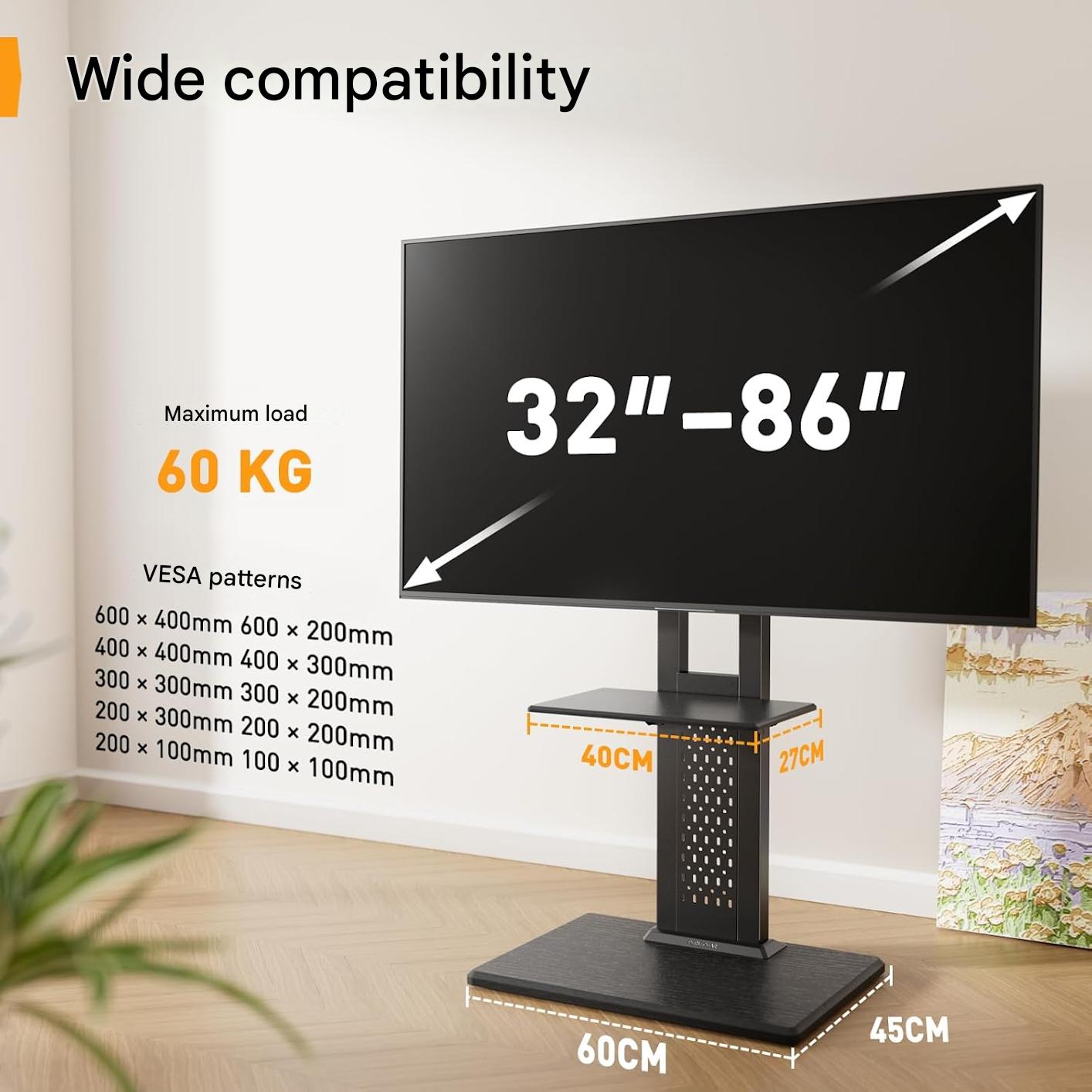 Suport TV, stand pentru televizor 32-86 inch, VESA 600 x 400 mm, pana la 60 kg, 6 reglaje de inaltime cu raft, baza eleganta din lemn