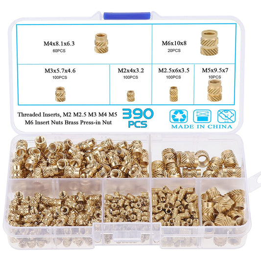 Set 390 piulite moletate din alama cu insert filetat, M2 M2.5 M3 M4 M5 M6, pentru imprimarea 3D a pieselor din plastic