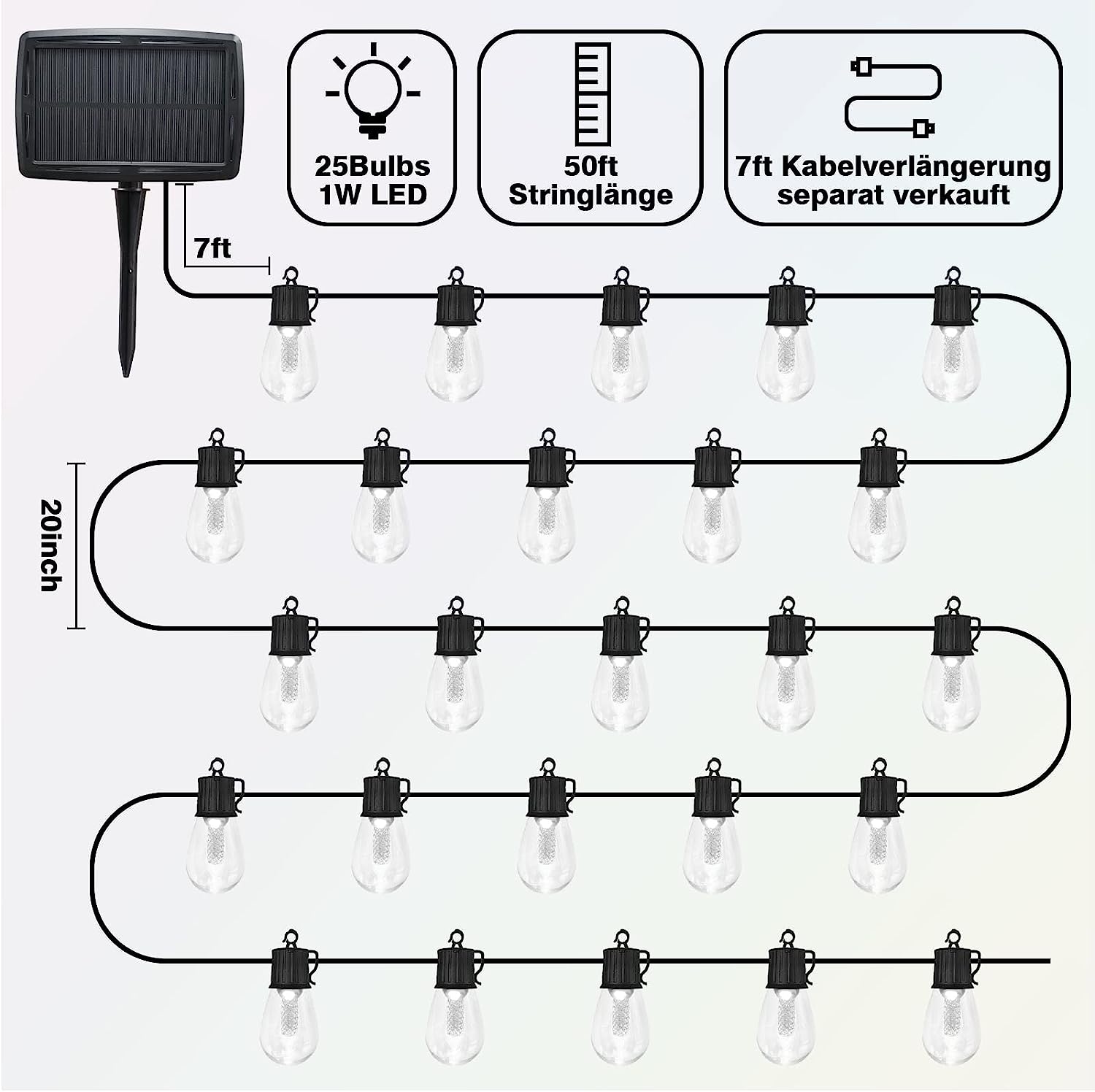 Ghirlanda luminoasa LED, cu panou solar, de 15 m, 25 becuri, 8 moduri iluminare, incarcare duala, impermeabila IP 65, alb cald si multicolor