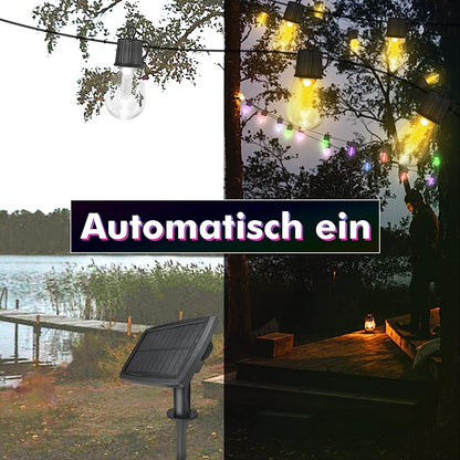 Ghirlanda luminoasa LED, cu panou solar, de 15 m, 25 becuri, 8 moduri iluminare, incarcare duala, impermeabila IP 65, alb cald si multicolor