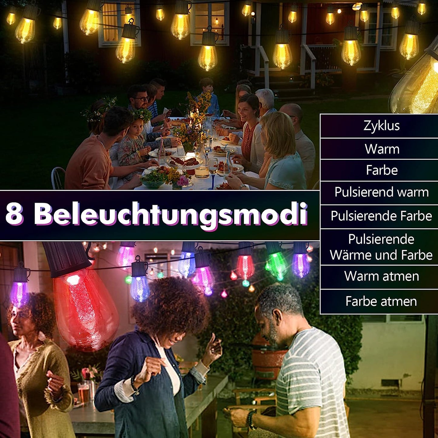 Ghirlanda luminoasa LED, cu panou solar, de 15 m, 25 becuri, 8 moduri iluminare, incarcare duala, impermeabila IP 65, alb cald si multicolor