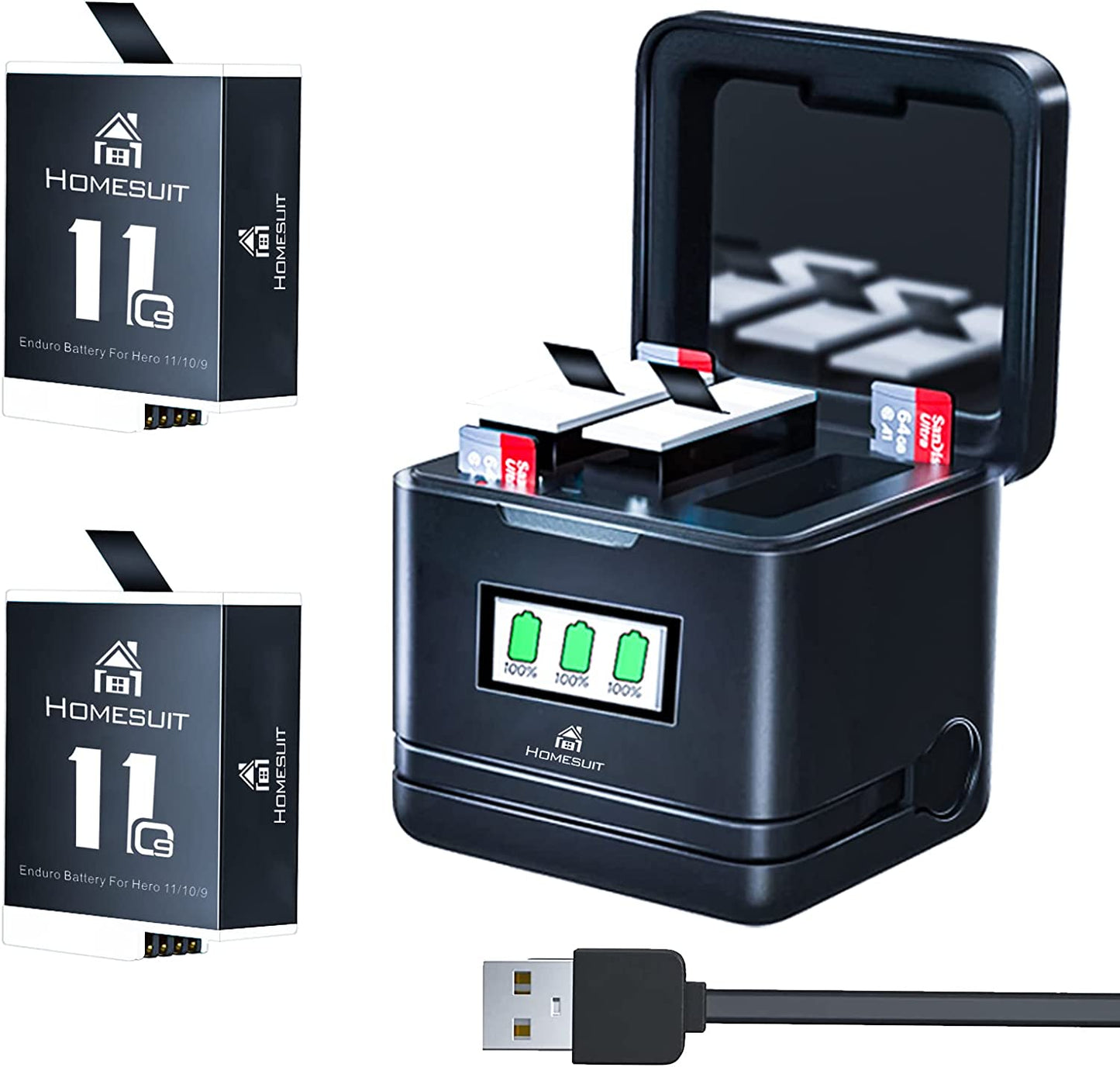 Set de 2 acumulatori 1800 mAh si incarcator cu 3 canale si ecran LCD pentru GoPro Hero 11 Black/Hero 10 Black/Hero 9 Black, Homesuit Enduro