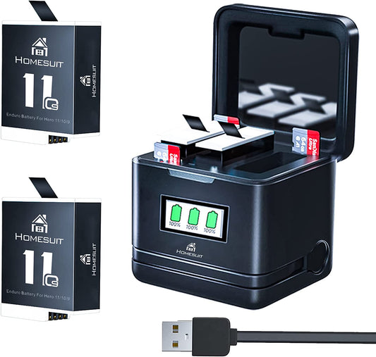 Set de 2 acumulatori 1800 mAh si incarcator cu 3 canale si ecran LCD pentru GoPro Hero 11 Black/Hero 10 Black/Hero 9 Black, Homesuit Enduro