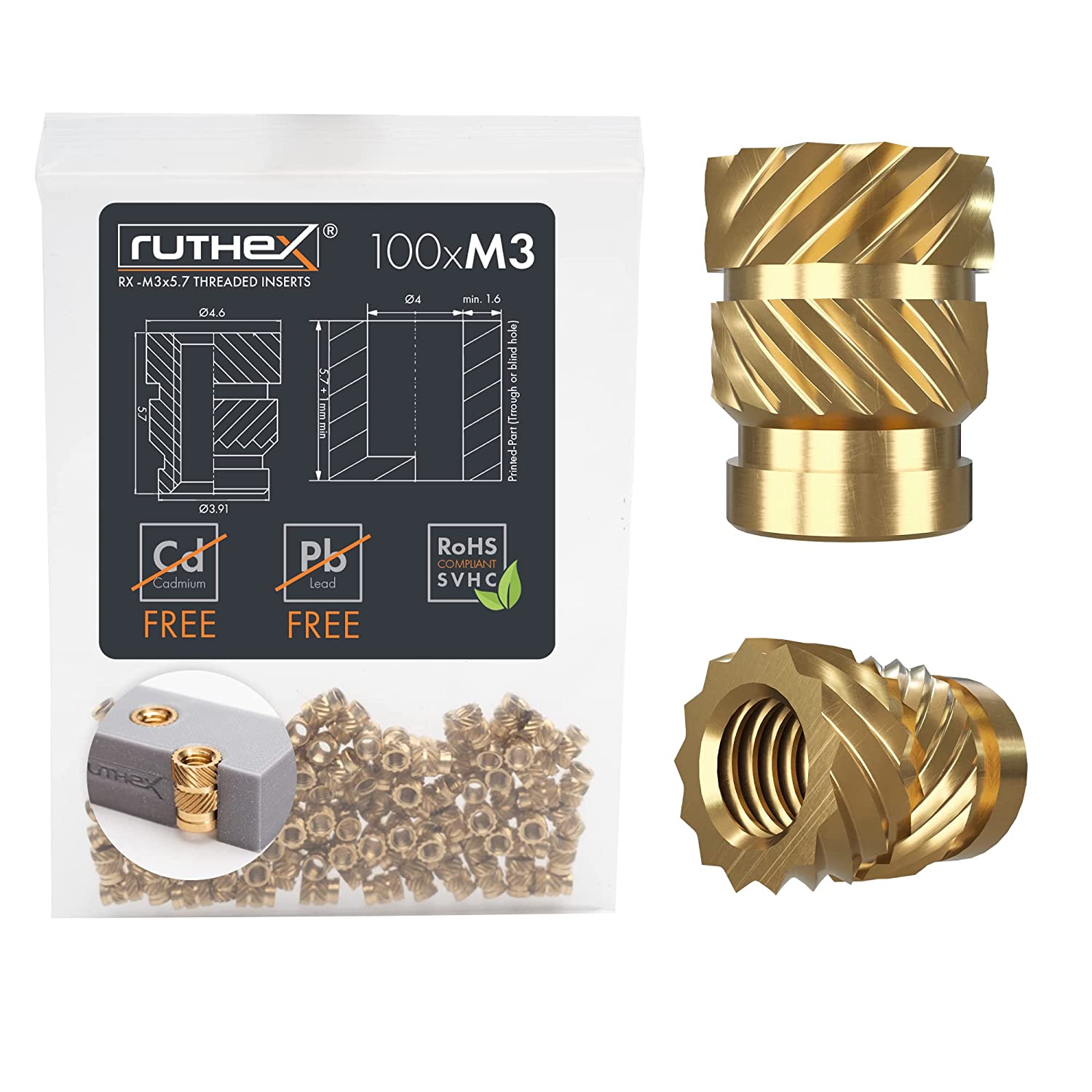 Set 100 piulite din alama M3x5.7 cu insert filetat, pentru piese din plastic ale imprimantei 3D