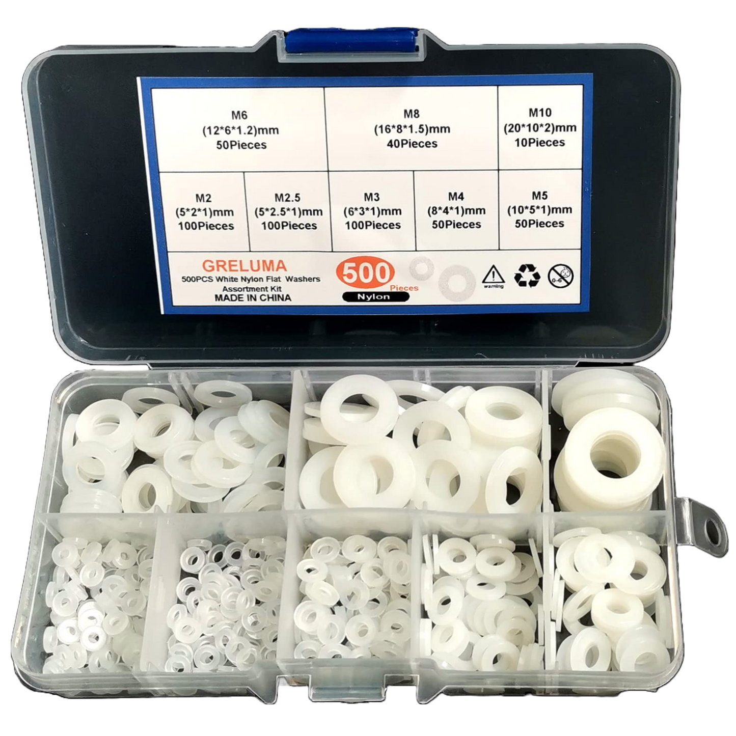 Greluma Set 500 garnituri, nailon, 8 dimensiuni M2/M2.5/M3/M4/M5/M6/M8/M10,cu carcasa de plastic pentru depozitare, albe