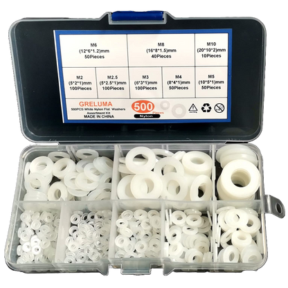 Greluma Set 500 garnituri, nailon, 8 dimensiuni M2/M2.5/M3/M4/M5/M6/M8/M10,cu carcasa de plastic pentru depozitare, albe