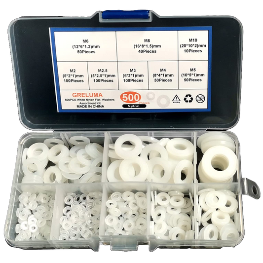 Greluma Set 500 garnituri, nailon, 8 dimensiuni M2/M2.5/M3/M4/M5/M6/M8/M10,cu carcasa de plastic pentru depozitare, albe