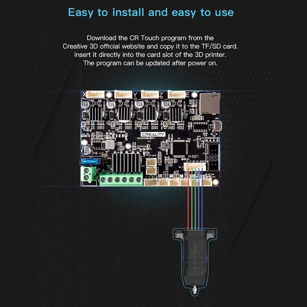 Creality Kit senzor de nivelare automata Creality CR Touch cu conector cu fir de 1 m si bracket montare, pentru Ender 3 / Ender 3 Pro / Ender 3 V2 / Ender 3 Max / Ender 5 / si Seriile CR 10