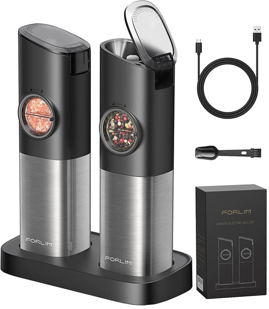 Set 2 rasnite electrice piper, sare sau alte condimente, cu inductie gravitationala, stand incarcare, lumina LED, grosime ajustabila, din otel inoxidabil, pentru bucatarie si gratar