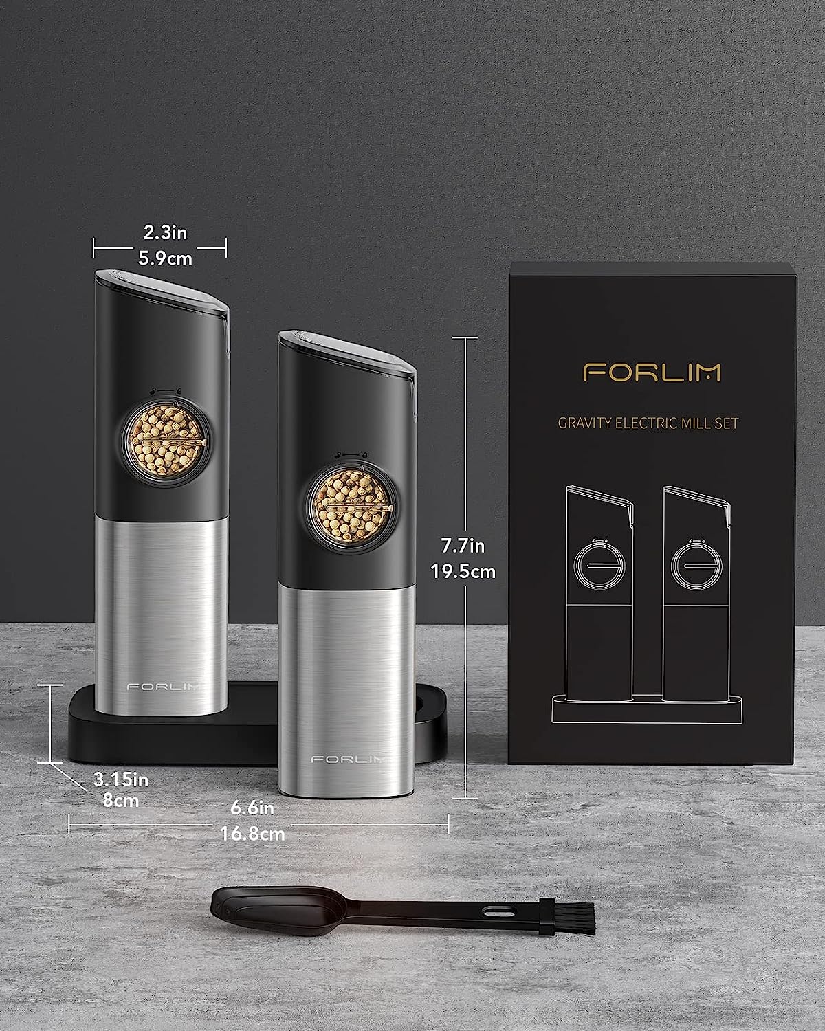 Set 2 rasnite electrice piper, sare sau alte condimente, cu inductie gravitationala, stand incarcare, lumina LED, grosime ajustabila, din otel inoxidabil, pentru bucatarie si gratar