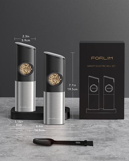 Set 2 rasnite electrice piper, sare sau alte condimente, cu inductie gravitationala, stand incarcare, lumina LED, grosime ajustabila, din otel inoxidabil, pentru bucatarie si gratar