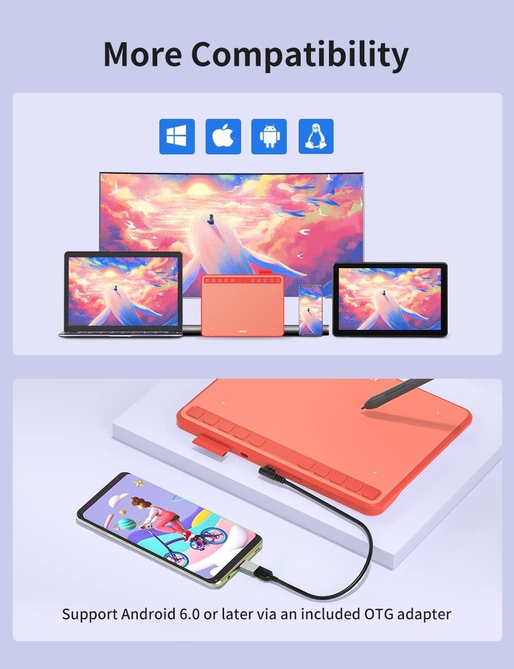 Tableta grafica 6.3 x 4 inch, cu 10 taste, stylus pen cu 8192 puncte presiune inclus, USB-C, compatibil Windows, MacOS, Android, Linux