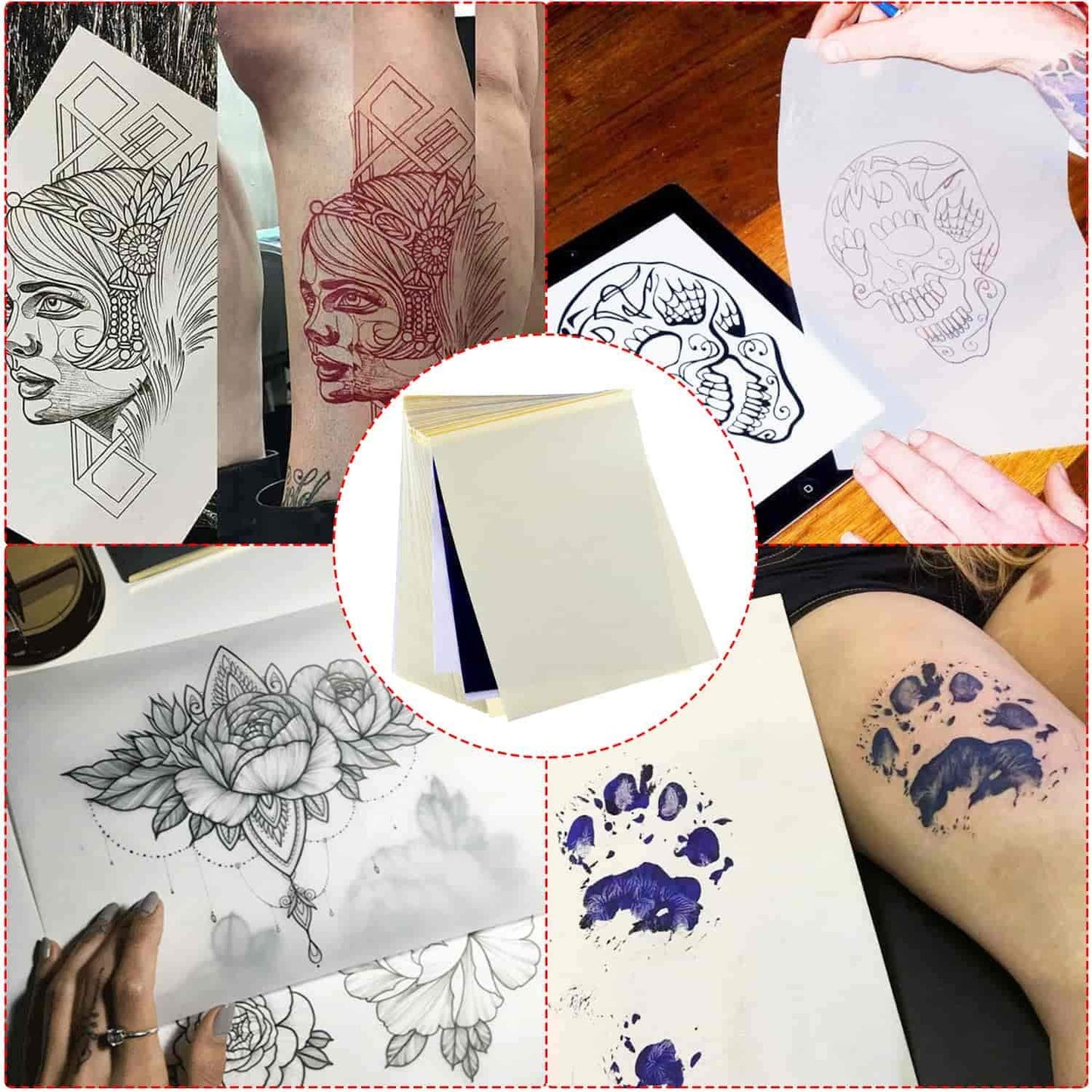 Set 100 hartii de transfer pentru tatuaje, A4, profesionale, din 4 straturi, pentru imprimanta termica sau desen de mana
