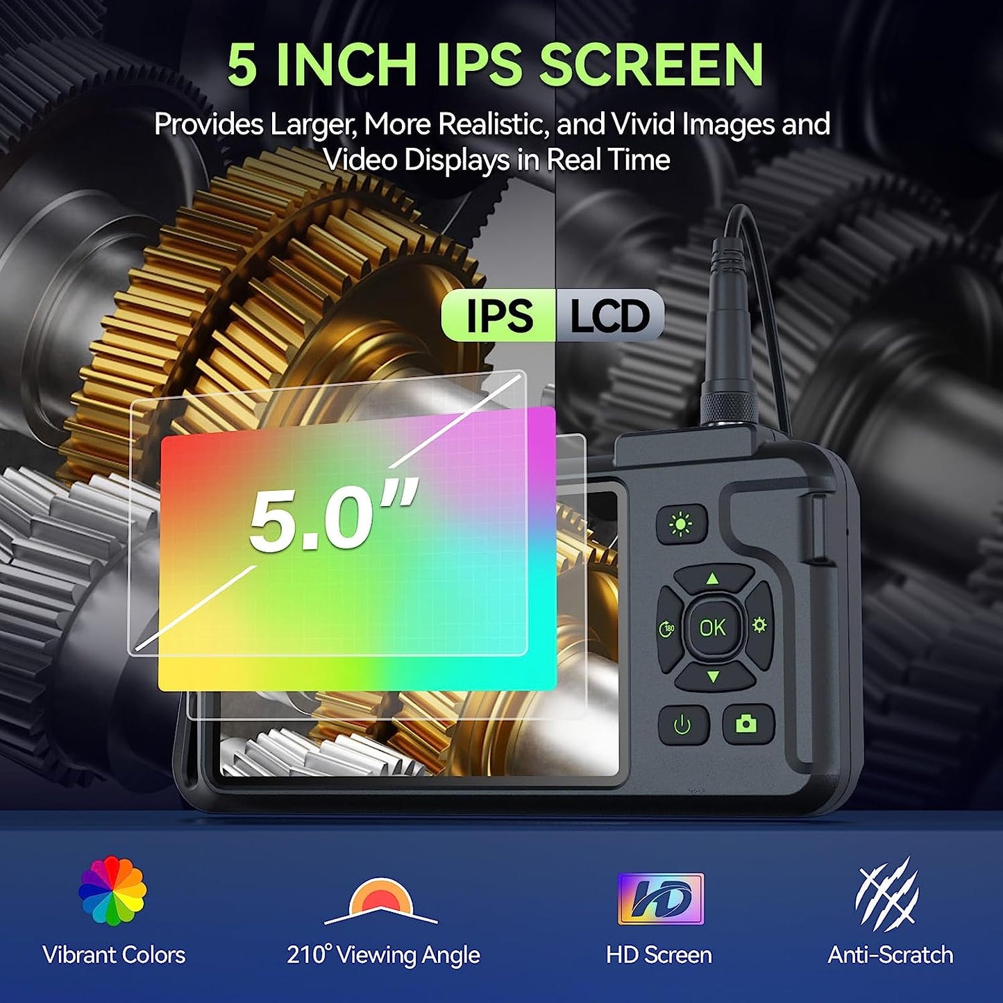 Endoscop industrial cu ecran IPS de 5 inch, boroscop cu lumini LED, lentila dubla, unghi larg de vizualizare, impermeabila IP67, acumulator 3000 mAh