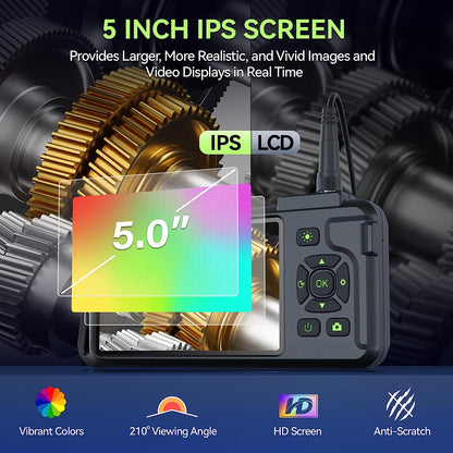 Endoscop industrial cu ecran IPS de 5 inch, boroscop cu lumini LED, lentila dubla, unghi larg de vizualizare, impermeabila IP67, acumulator 3000 mAh