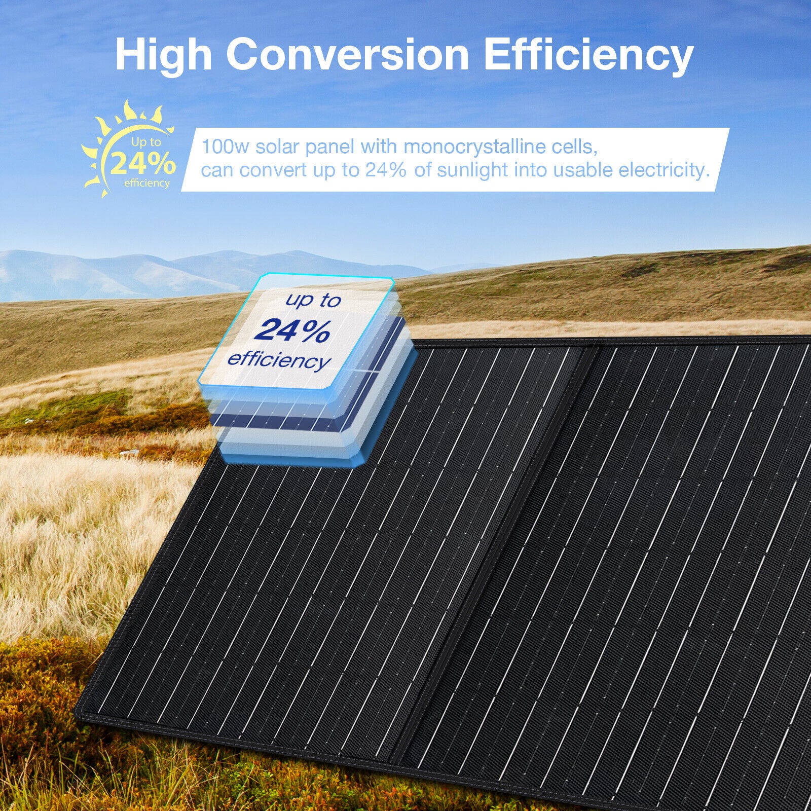 Panou solar portabil 20 V 100 W, cu mufa MC-4, pliabil, monocristalin, suport reglabil, 124 x 55 cm, pentru camping, duba, rulota, gradina