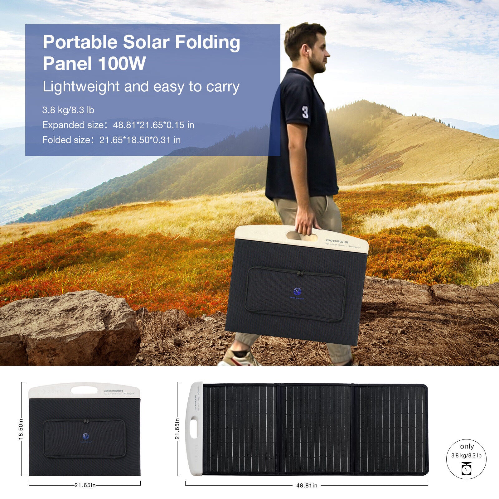 Panou solar portabil 20 V 100 W, cu mufa MC-4, pliabil, monocristalin, suport reglabil, 124 x 55 cm, pentru camping, duba, rulota, gradina