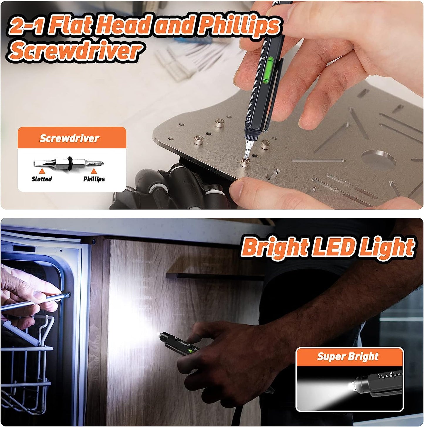 Set 2 pixuri multifunctionale 9 in 1 cu rigla, bula de nivel, lanterna LED, surubelnita, deschizator sticle, touchscreen, suport telefon