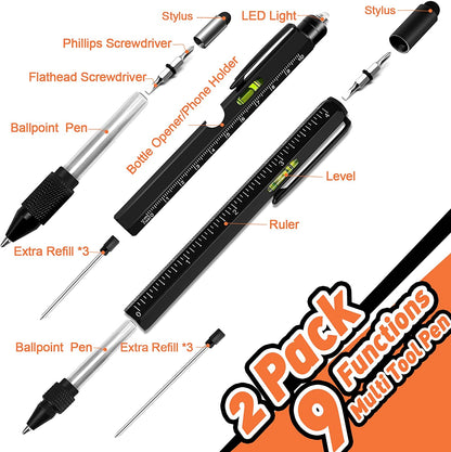 Set 2 pixuri multifunctionale 9 in 1 cu rigla, bula de nivel, lanterna LED, surubelnita, deschizator sticle, touchscreen, suport telefon