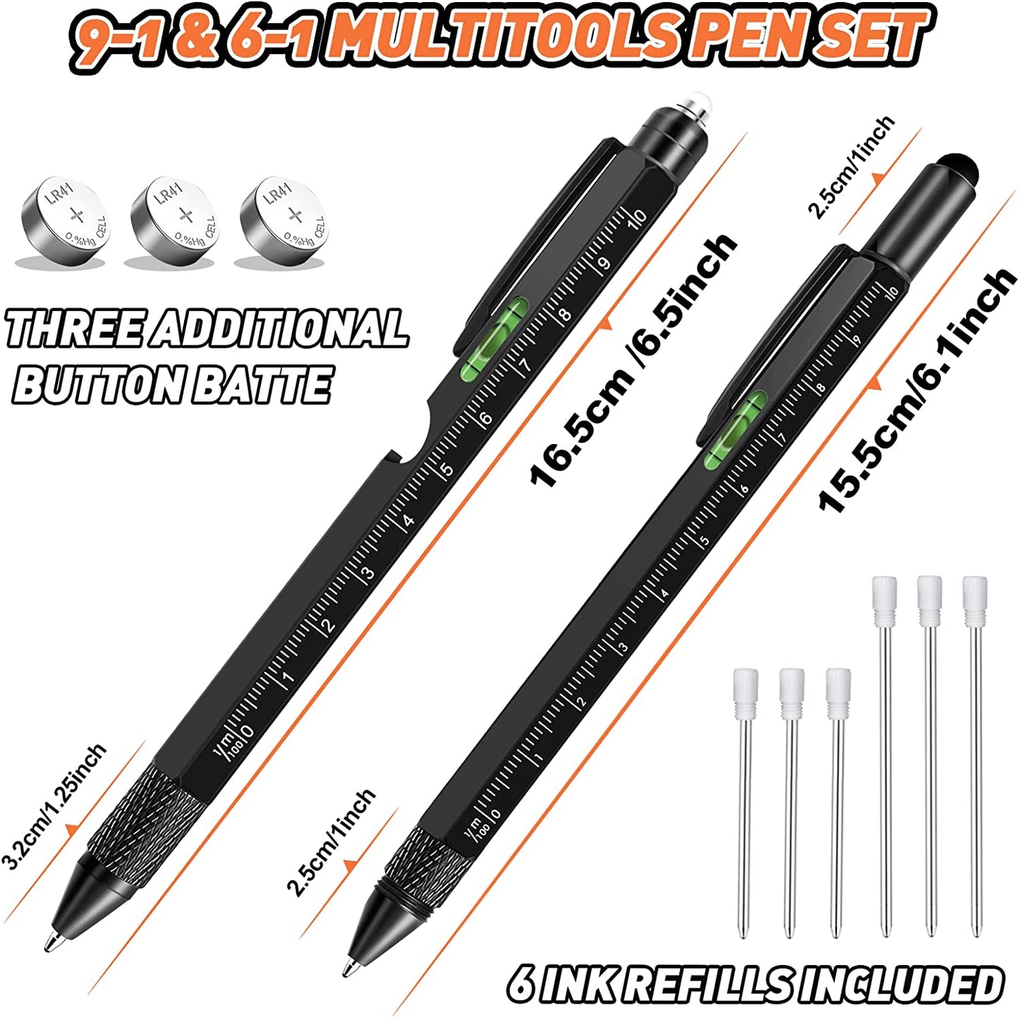 Set 2 pixuri multifunctionale 9 in 1 cu rigla, bula de nivel, lanterna LED, surubelnita, deschizator sticle, touchscreen, suport telefon