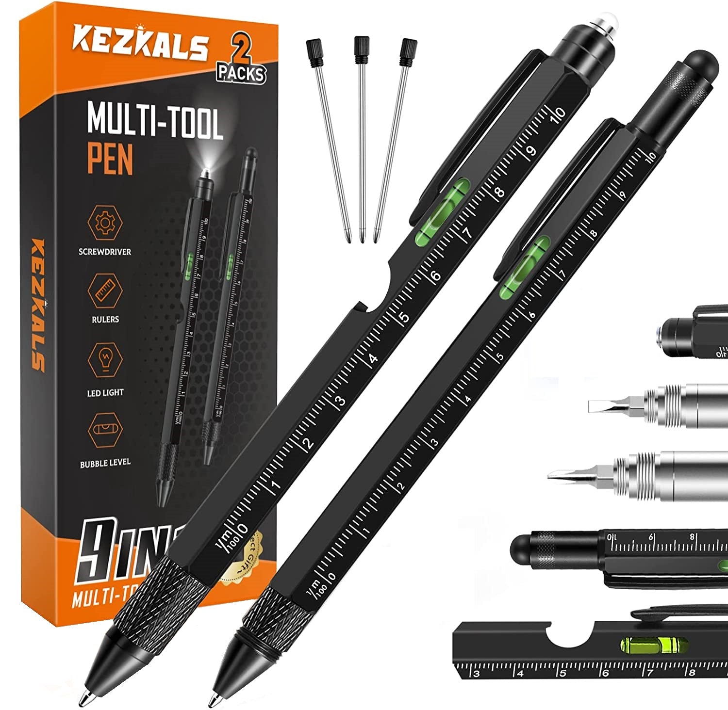 Set 2 pixuri multifunctionale 9 in 1 cu rigla, bula de nivel, lanterna LED, surubelnita, deschizator sticle, touchscreen, suport telefon