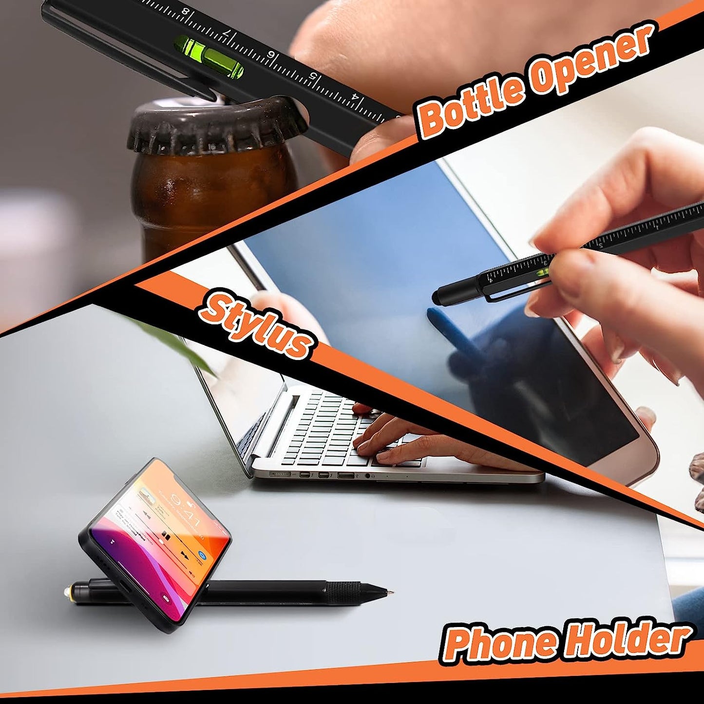 Set 2 pixuri multifunctionale 9 in 1 cu rigla, bula de nivel, lanterna LED, surubelnita, deschizator sticle, touchscreen, suport telefon