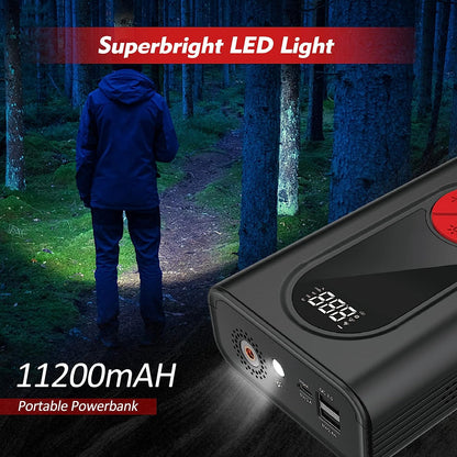 Starter auto 4 in 1 cu compresor de aer, functie powerbank, 1600A, 11200 mAh, cu lanterna LED, USB QC 3.0, Display LCD, Tishow