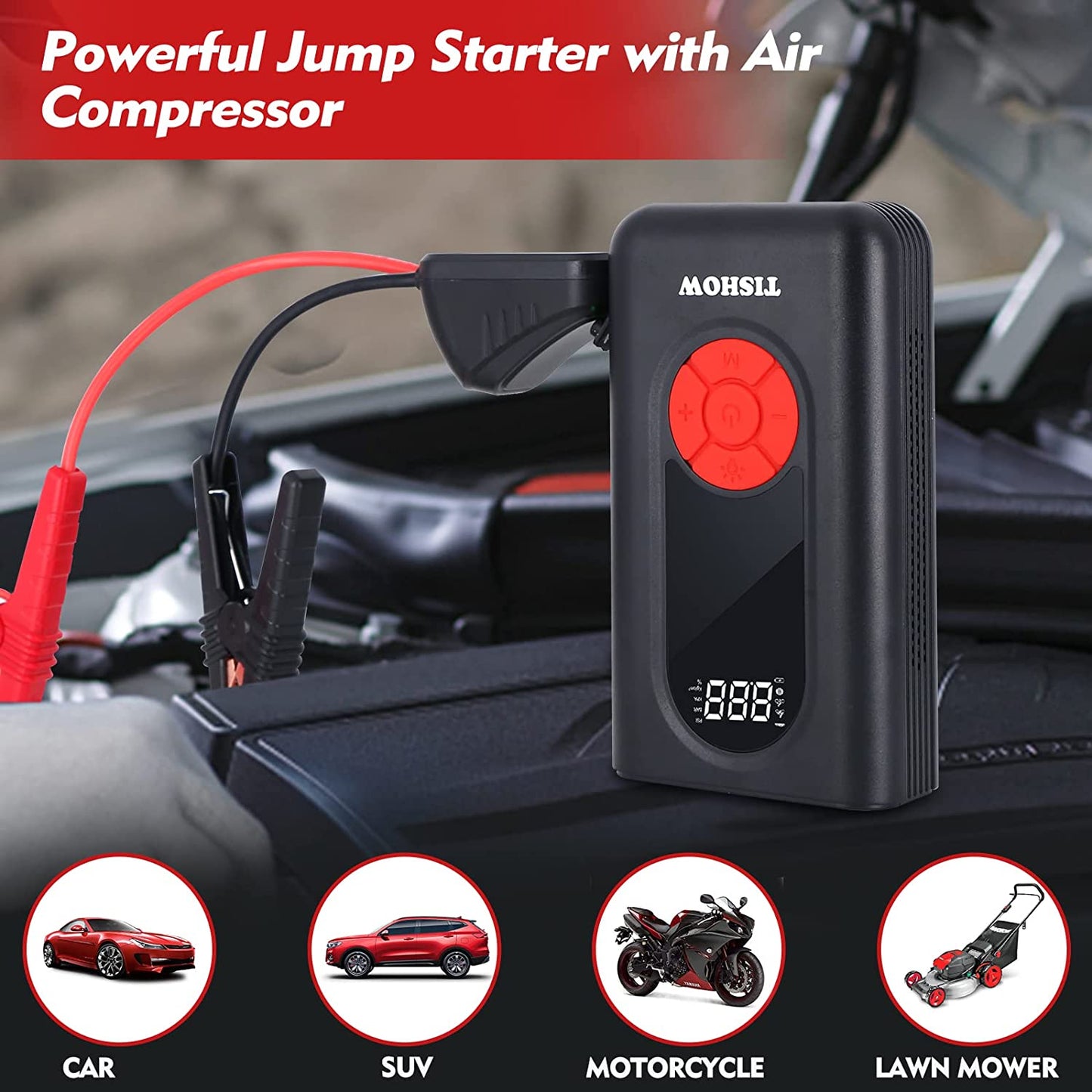 Starter auto 4 in 1 cu compresor de aer, functie powerbank, 1600A, 11200 mAh, cu lanterna LED, USB QC 3.0, Display LCD, Tishow