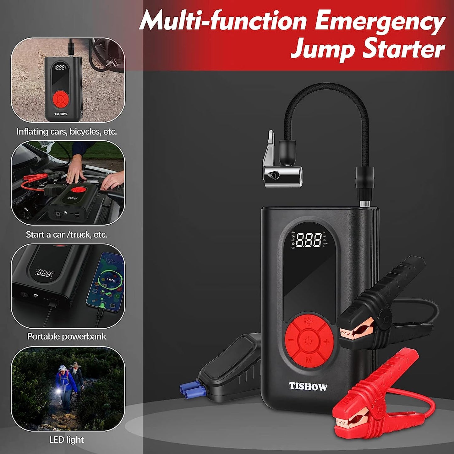 Starter auto 4 in 1 cu compresor de aer, functie powerbank, 1600A, 11200 mAh, cu lanterna LED, USB QC 3.0, Display LCD, Tishow