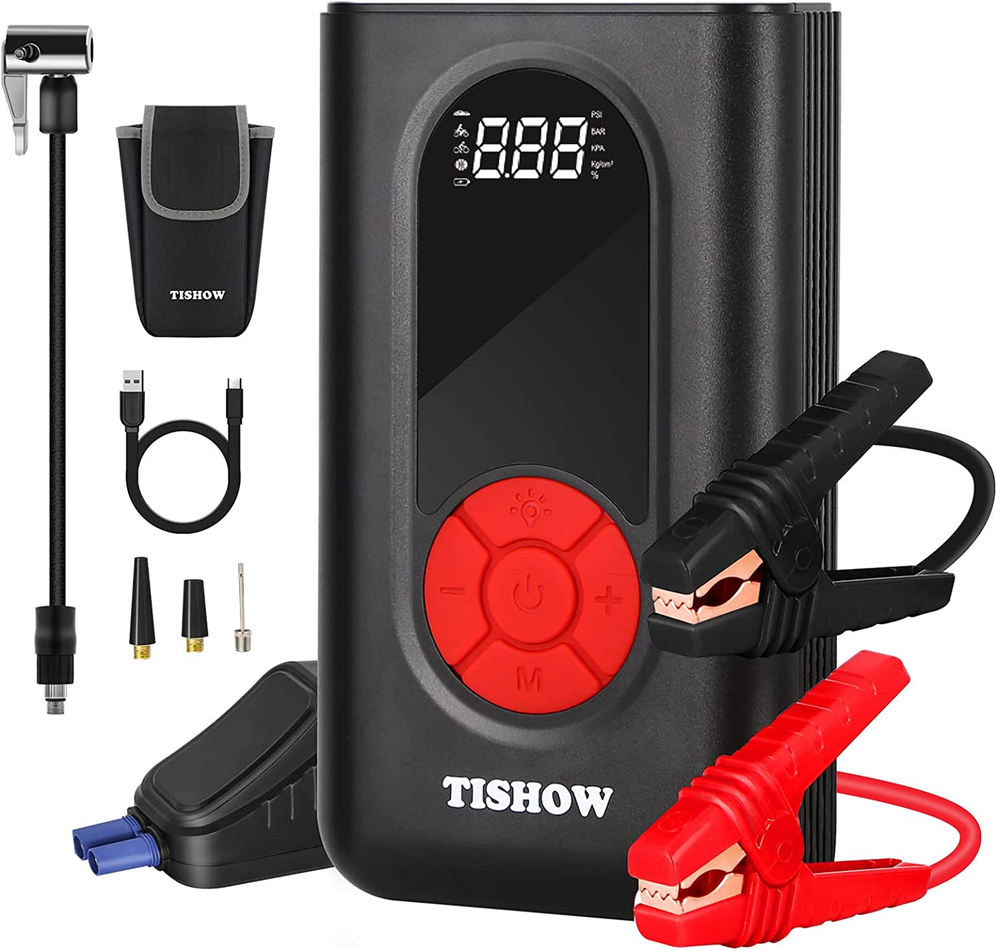 Starter auto 4 in 1 cu compresor de aer, functie powerbank, 1600A, 11200 mAh, cu lanterna LED, USB QC 3.0, Display LCD, Tishow