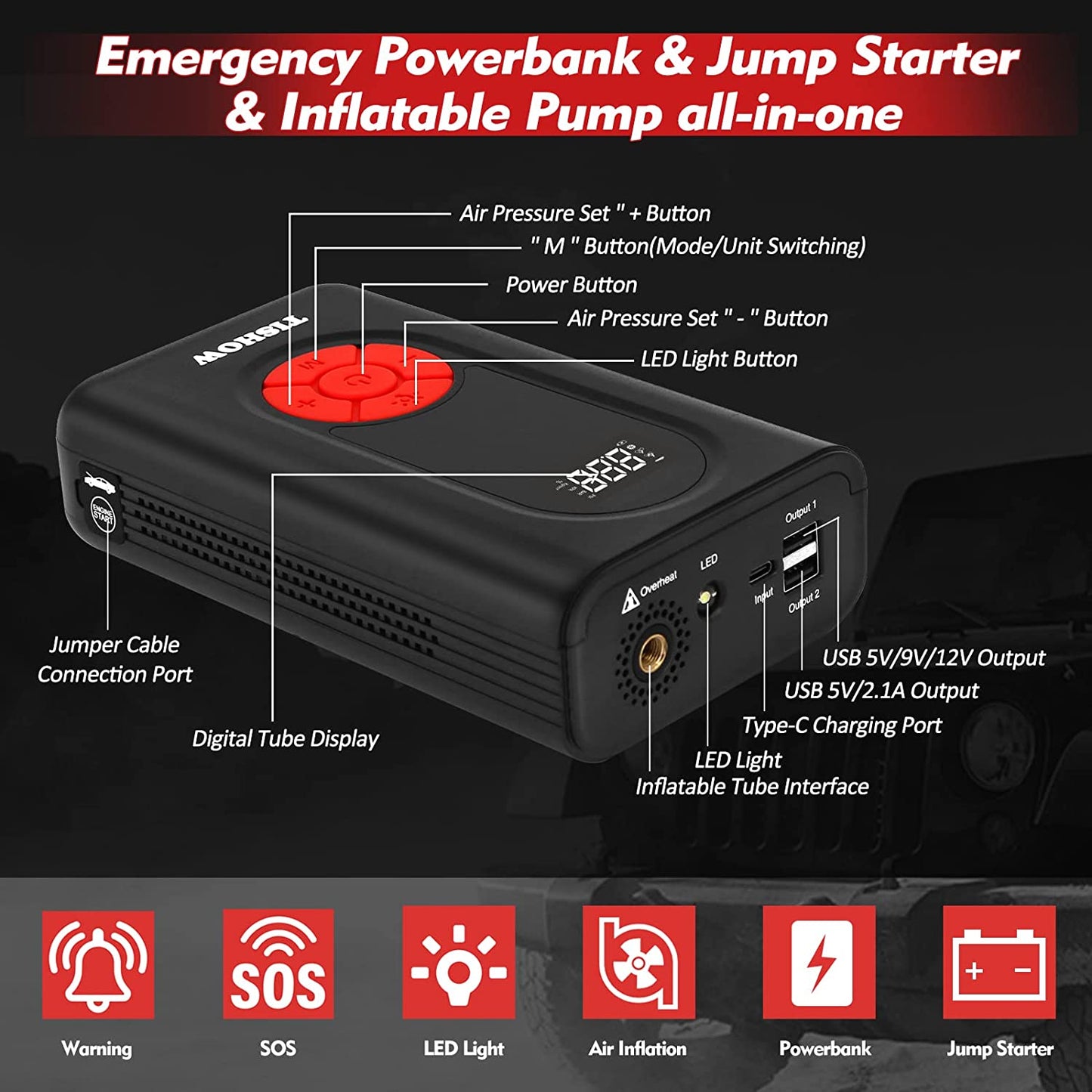 Starter auto 4 in 1 cu compresor de aer, functie powerbank, 1600A, 11200 mAh, cu lanterna LED, USB QC 3.0, Display LCD, Tishow