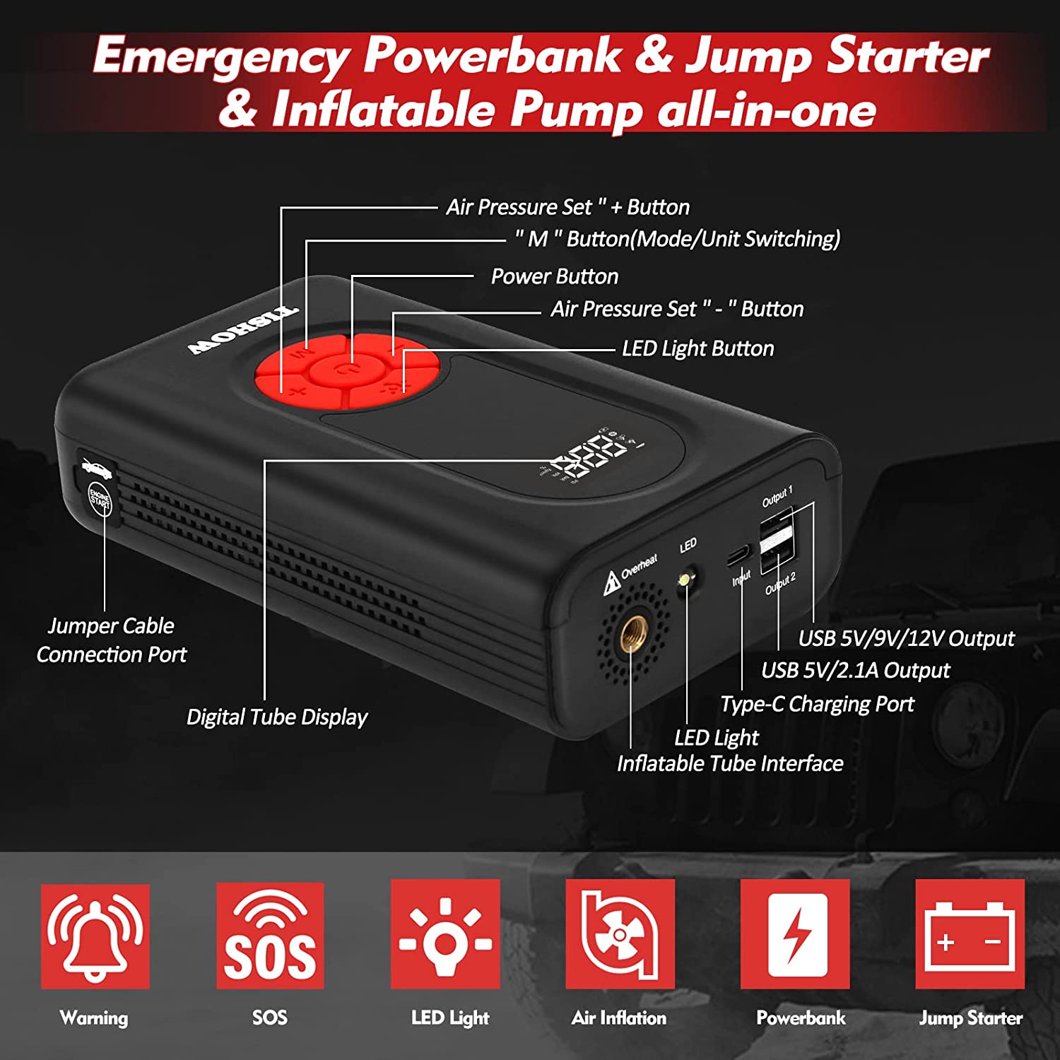 Starter auto 4 in 1 cu compresor de aer, functie powerbank, 1600A, 11200 mAh, cu lanterna LED, USB QC 3.0, Display LCD, Tishow