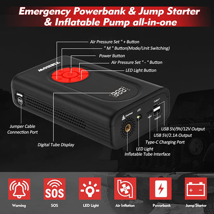 Starter auto 4 in 1 cu compresor de aer, functie powerbank, 1600A, 11200 mAh, cu lanterna LED, USB QC 3.0, Display LCD, Tishow