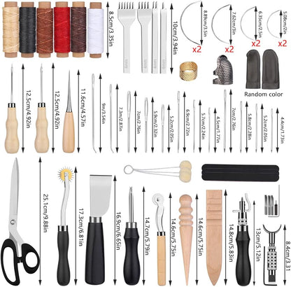 Set profesional de prelucrare a pielii, 72 de piese, cu stampile, perforatoare, scule marochinarie cu husa din piele