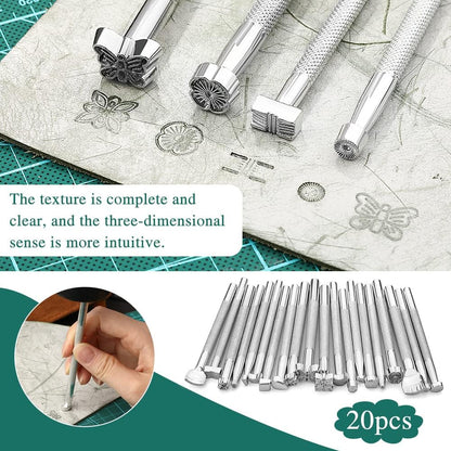 Set profesional de prelucrare a pielii, 72 de piese, cu stampile, perforatoare, scule marochinarie cu husa din piele