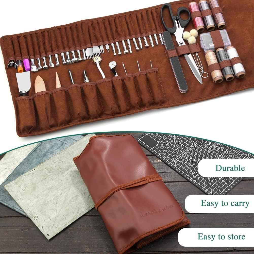 Set profesional de prelucrare a pielii, 72 de piese, cu stampile, perforatoare, scule marochinarie cu husa din piele