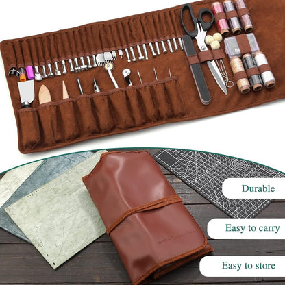 Set profesional de prelucrare a pielii, 72 de piese, cu stampile, perforatoare, scule marochinarie cu husa din piele