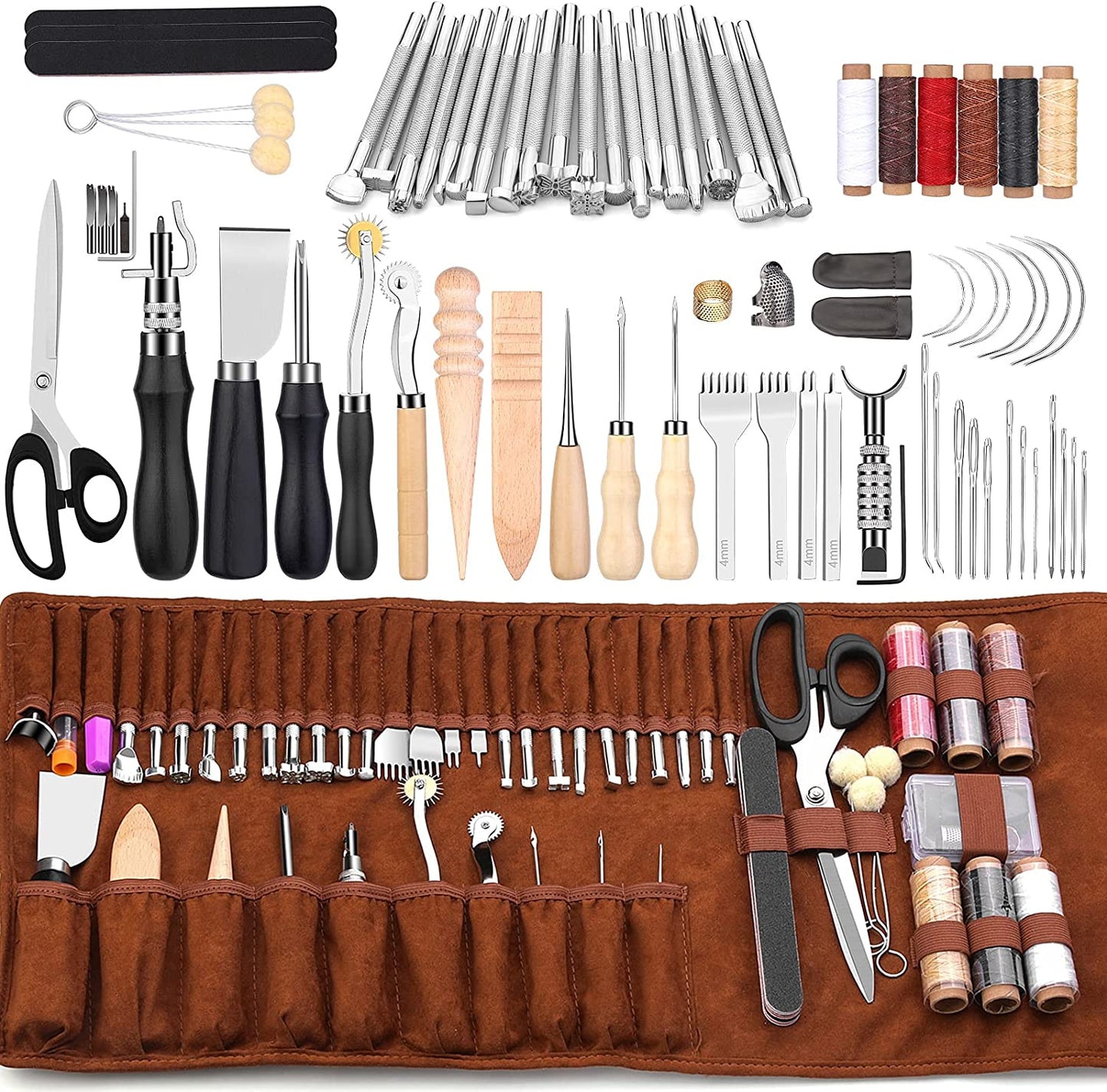 Set profesional de prelucrare a pielii, 72 de piese, cu stampile, perforatoare, scule marochinarie cu husa din piele