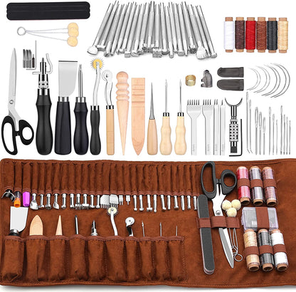 Set profesional de prelucrare a pielii, 72 de piese, cu stampile, perforatoare, scule marochinarie cu husa din piele