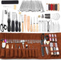 Set profesional de prelucrare a pielii, 72 de piese, cu stampile, perforatoare, scule marochinarie cu husa din piele