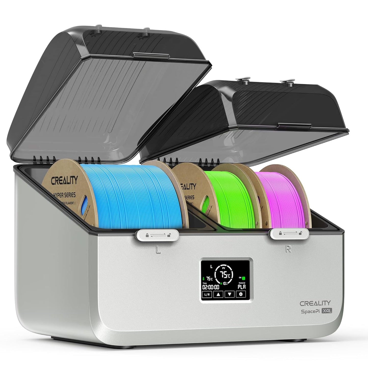 Uscator de filamente 3D Creality SpacePi X4L pentru 4 bobine, 2 camere de incalzire independente, temperatura reglabila pana la 75°C, ecran LCD touchscreen, control temperatura si umiditate, compatibil PLA PETG ABS TPU PA, cutie uscare filament