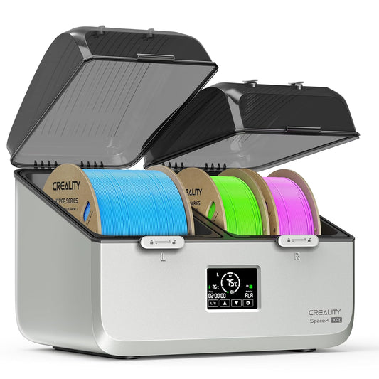 Uscator de filamente 3D Creality SpacePi X4L pentru 4 bobine, 2 camere de incalzire independente, temperatura reglabila pana la 75°C, ecran LCD touchscreen, control temperatura si umiditate, compatibil PLA PETG ABS TPU PA, cutie uscare filament