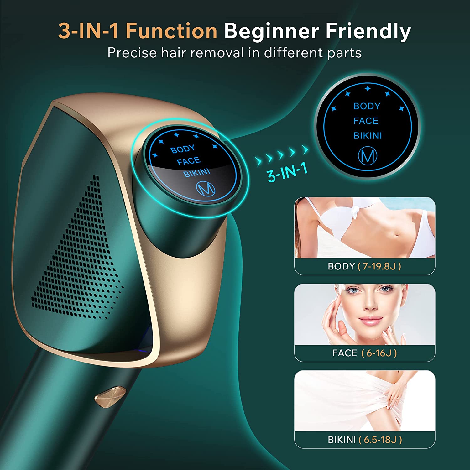 Epilator IPL 3 in 1 cu impulsuri nelimitate, 590 NM, touchscreen LED, control manual si automat, tehnologie fast flash 0.8 s, 19.8 J