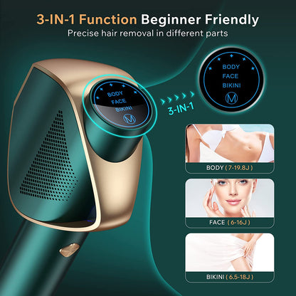Epilator IPL 3 in 1 cu impulsuri nelimitate, 590 NM, touchscreen LED, control manual si automat, tehnologie fast flash 0.8 s, 19.8 J