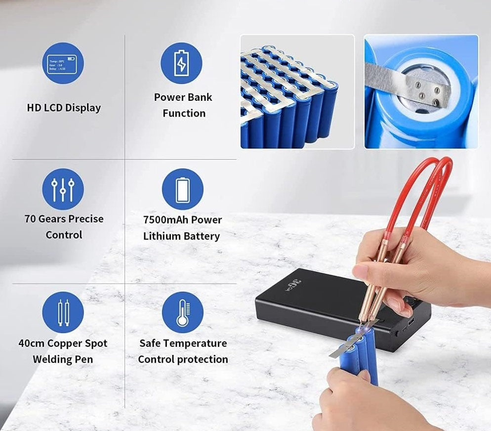 Aparat de sudura in puncte portabil, cu ecran LCD, acumulator 7500 mAh, 70 niveluri, functie powerbank, cu banda de nichel, pentru lipit acumulatori