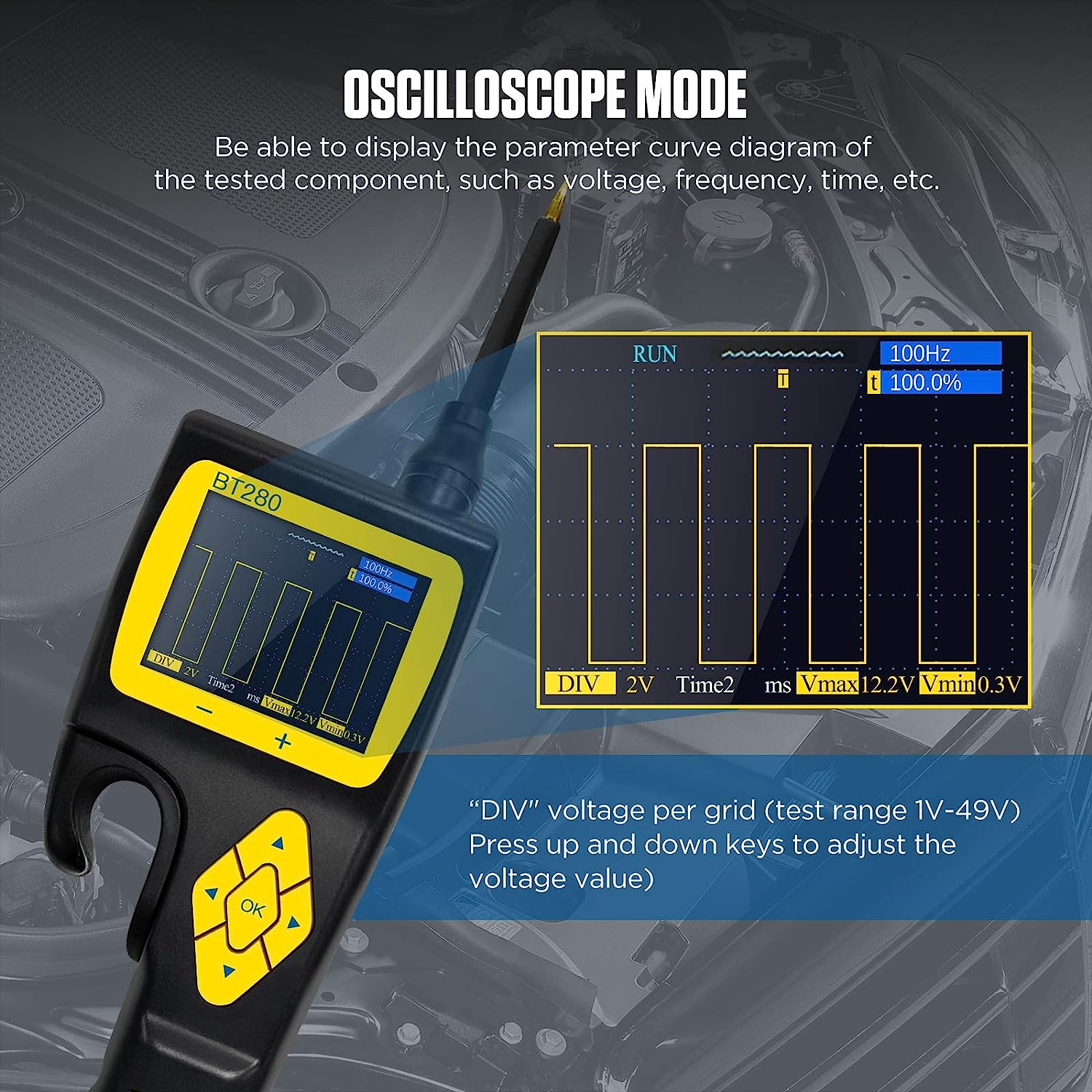 Tester circuite auto, Sonda de putere cu functie osciloscop, multimetru, test injector si releu, cu accesorii si geanta de depozitare si transport