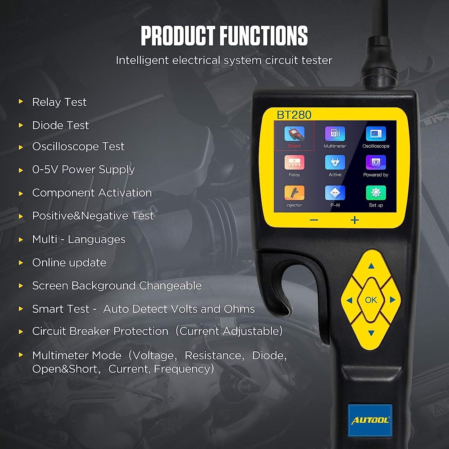 Tester circuite auto, Sonda de putere cu functie osciloscop, multimetru, test injector si releu, cu accesorii si geanta de depozitare si transport