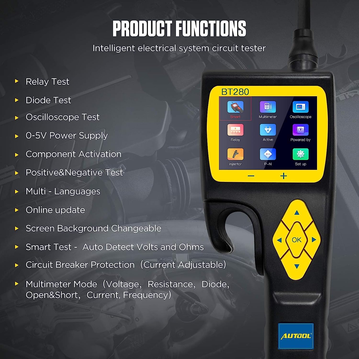 Tester circuite auto, Sonda de putere cu functie osciloscop, multimetru, test injector si releu, cu accesorii si geanta de depozitare si transport